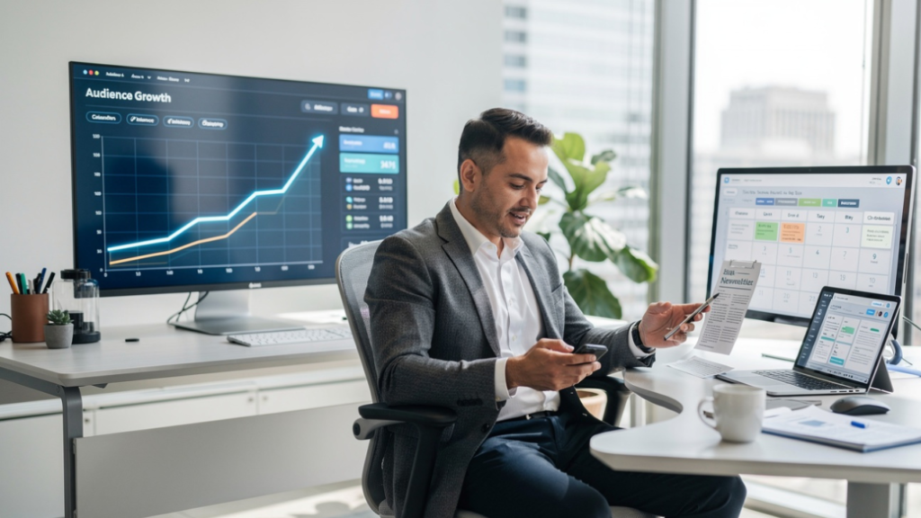 Finance newsletter creator tracking audience growth and newsletter performance while using AI-assisted content planning and organization tools.