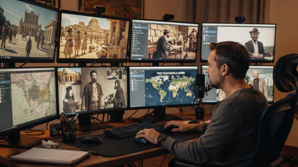 History YouTube creator refining documentary storytelling while AI organizes research and production notes in the background.