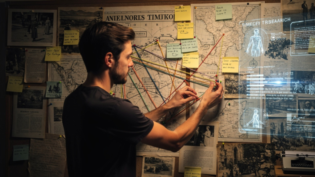 History YouTube creator organizing historical research, maps, and timelines with AI assistance while planning a documentary-style video.