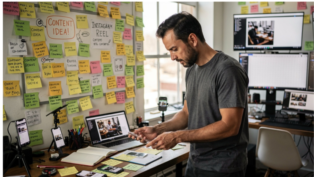 Instagram creator surrounded by content ideas, unfinished Reel projects, and content planning notes while organizing future Instagram videos.