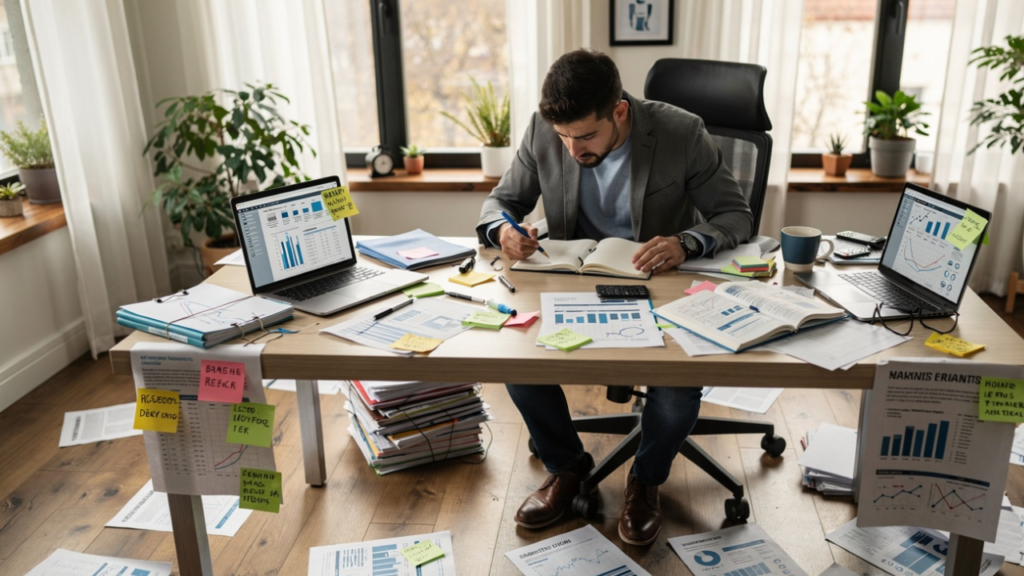 Finance newsletter creator organizing scattered research notes, financial reports, and content ideas in a busy home office workspace.