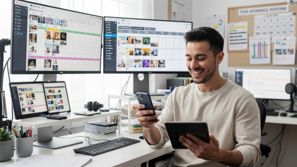 Instagram creator reviewing scheduled Reels, content calendars, and publishing workflows inside an organized creator studio.