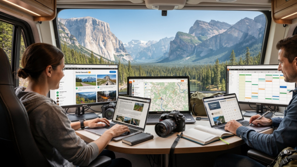 RV travel bloggers managing organized content workflows and future travel plans inside a motorhome.