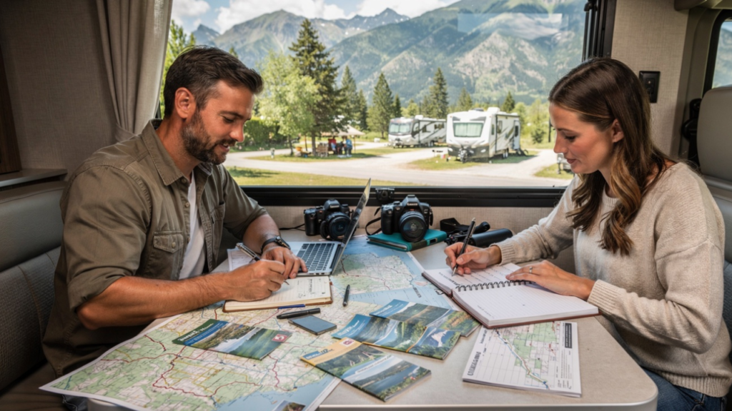RV travel bloggers planning travel routes and organizing future blog content inside a motorhome.