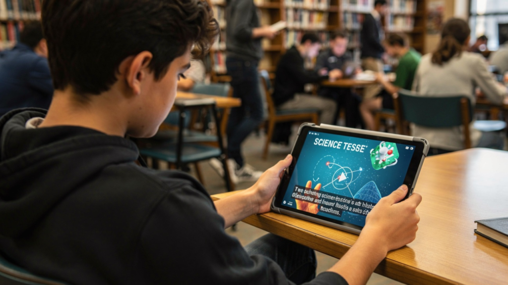 Student watching an educational video with subtitles while learning in a public environment without sound.