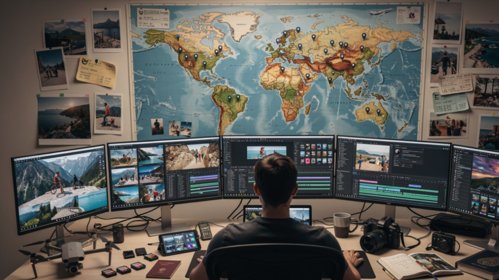 Travel creator organizing travel videos, photos, destination research, and content ideas in a professional workspace with multiple screens and travel equipment.