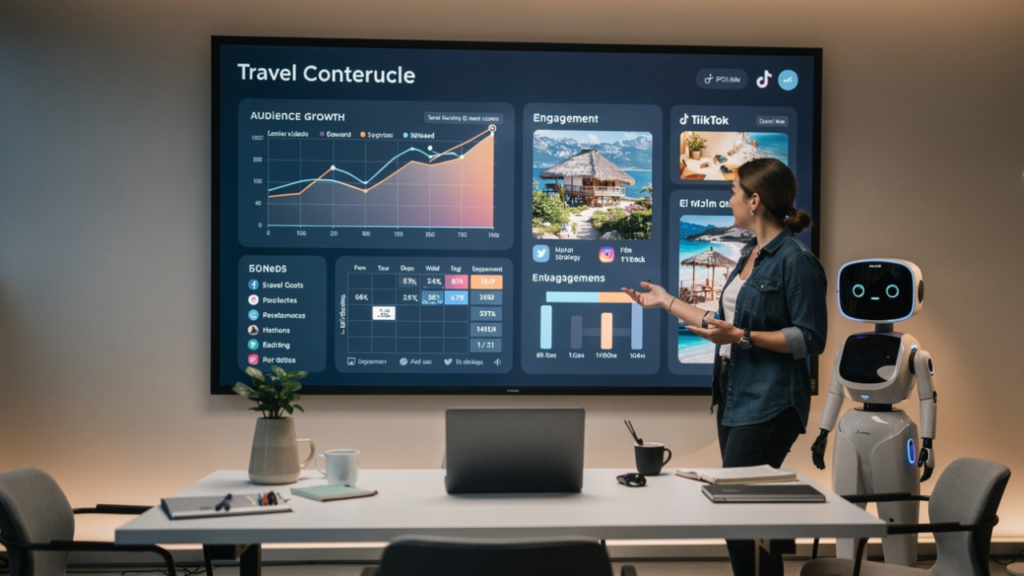 Travel creator presenting content growth metrics, publishing schedules, and audience engagement results with the assistance of AI-powered planning tools.