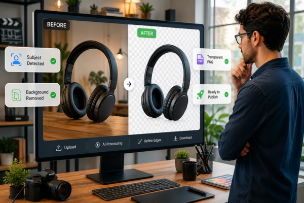 Content creator reviewing an image before and after AI background removal while preparing professional visuals for blogs, presentations, and social media.