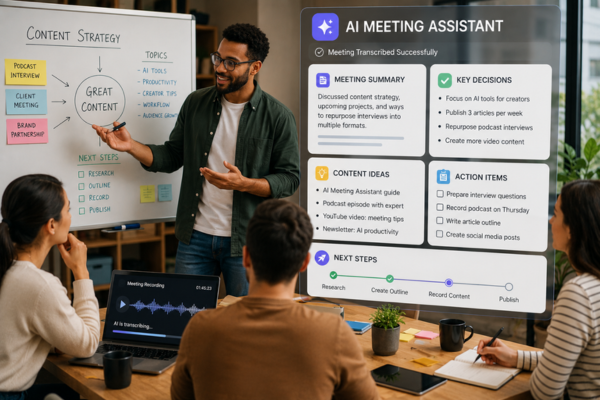 Content creators collaborating during a planning meeting while an AI meeting assistant automatically generates meeting summaries, key decisions, action items, and content ideas.