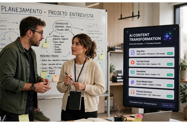 Content creator discussing ideas during a meeting while AI transcription automatically converts conversations into searchable transcripts, summaries, action items, and content ideas.