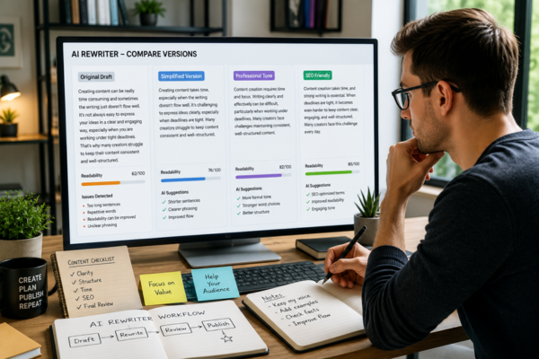 Content creator reviewing multiple AI-rewritten versions of the same article to improve clarity and readability.