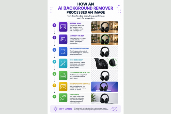 Infographic illustrating how an AI background remover processes an image, from subject detection and background separation to edge refinement, transparent PNG export, optional background replacement, and the final professional image.