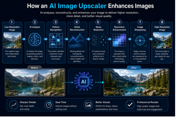 Infographic showing how an AI image upscaler transforms a low-resolution image into a sharper, high-resolution version through AI analysis, detail reconstruction, noise reduction, and image enhancement.