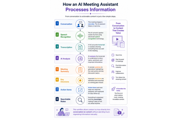 Infographic showing how an AI meeting assistant transforms conversations into searchable notes through speech recognition, transcription, AI analysis, meeting summaries, key decisions, and action items.