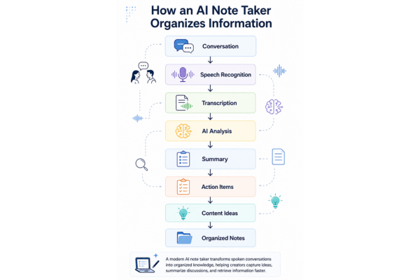 Infographic showing how an AI note taker organizes information from conversation and speech recognition to transcription, AI analysis, summaries, action items, content ideas, and organized notes.