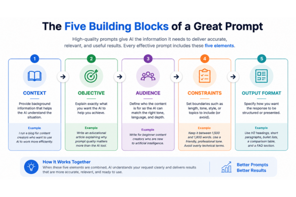 Infographic showing the five building blocks of an effective AI prompt: Context, Objective, Audience, Constraints, and Output Format.