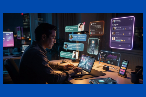 Small business owner using AI caption tools to manage Instagram content and social media posts alone in a futuristic workspace.