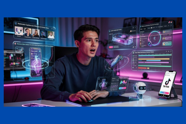 Solo TikTok creator editing product review videos with futuristic AI video editing tools and automated content workflow assistance.