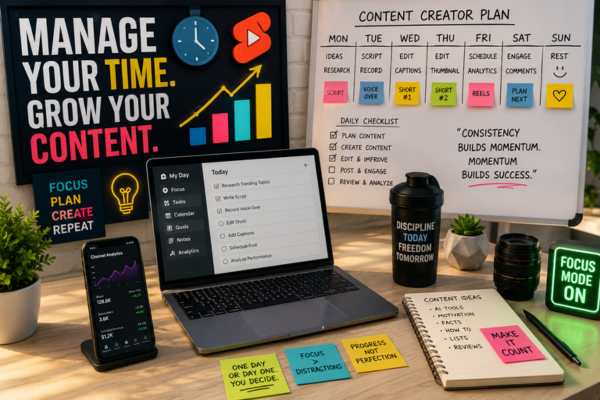 Content creator using time management apps, planning boards, and productivity tools to organize Shorts, Reels, and TikTok content creation workflows.