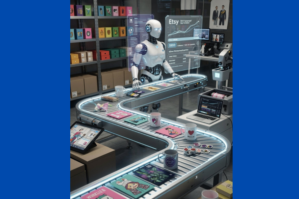 Futuristic AI-powered workflow system organizing Etsy print-on-demand products inside a high-tech digital creator workspace