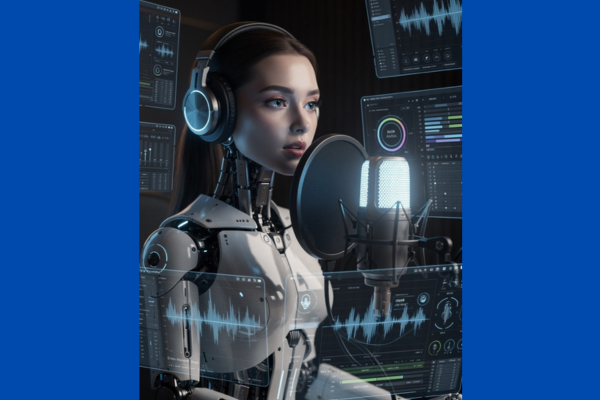 Futuristic humanoid robot recording a documentary voiceover in a professional AI-powered studio for a faceless YouTube channel