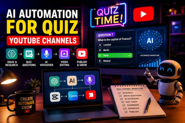 AI automation workflow for quiz YouTube channels showing question generation, AI voiceovers, video editing, publishing systems, and automated content production.
