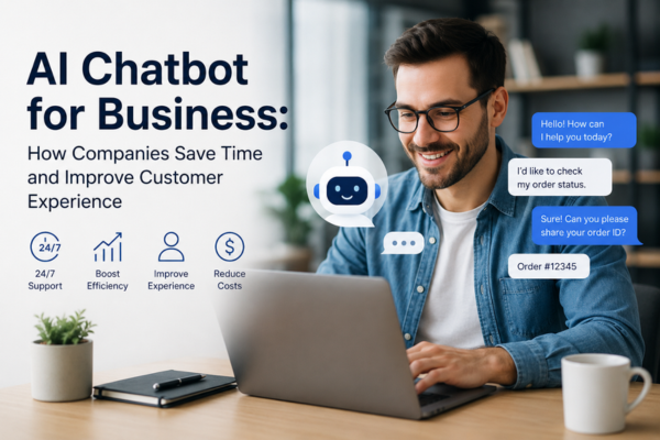 Business owner using an AI chatbot to automate customer support and improve communication with clients.