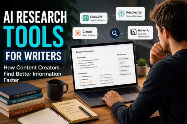 AI research tools for writers helping content creators organize research, analyze information, and build articles faster