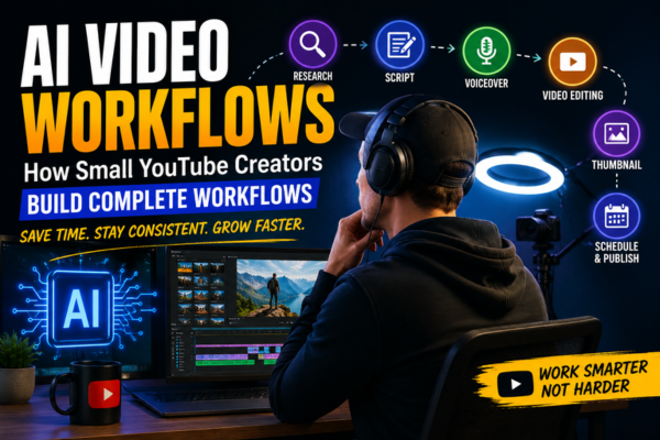AI video workflows helping small YouTube creators streamline research, scripting, editing, thumbnails, and content publishing using artificial intelligence tools.