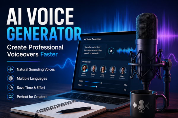 AI voice generator software creating professional voiceovers for YouTube creators and digital content production