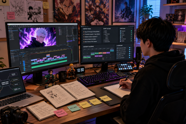 Anime content creator using AI tools to plan video production, organize research, and manage content workflows in a professional studio.
