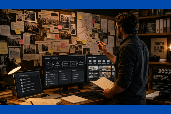 Documentary creator using AI prompt tools to organize research sources, timelines, and documentary production workflows