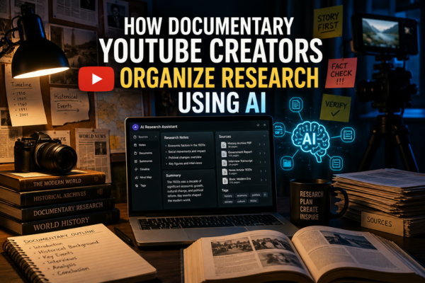 Documentary YouTube creator using AI tools to organize research sources, historical documents, timelines, and production notes for video creation.