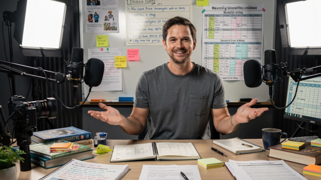 Educational content creator organizing lesson plans, research materials, and video production tasks in a professional studio.
