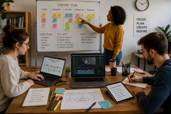 Solo educational creator managing lesson plans, content calendars, research materials, and publishing workflows inside an organized professional studio.