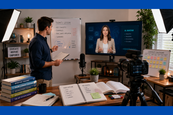 Educational YouTube creator using AI avatar technology to produce online learning videos inside a professional home studio.