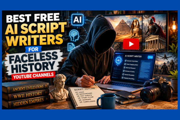 Faceless history YouTube creator organizing historical research, timelines, and video scripts with AI writing tools while planning educational content for a history channel.