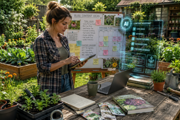 Gardening blogger planning seasonal content and organizing blog ideas with AI assistance in a backyard garden workspace.