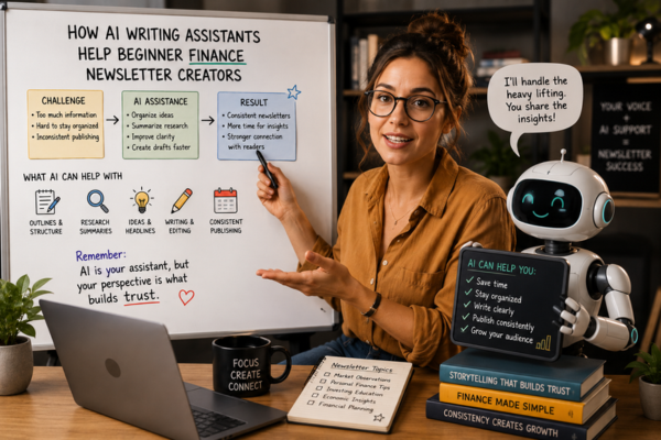 Finance newsletter creator explaining AI-assisted content creation with a whiteboard presentation and a robot assistant helping organize research, writing, and publishing workflows.