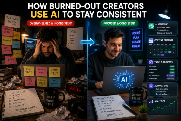 Burned out creator using AI productivity tools to organize workflows, manage content schedules, reduce workload, and maintain consistent content creation