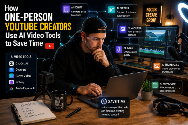One-person YouTube creator managing video production with AI video tools, editing content, organizing workflows, and automating repetitive tasks in a modern home studio
