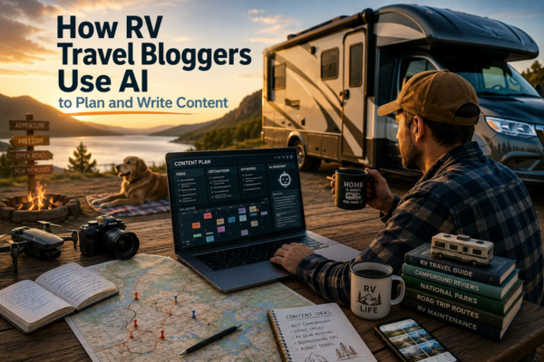 RV travel blogger using AI tools to plan travel content, organize destinations, and manage a content calendar from a campsite.
