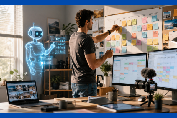 Small content creator organizing a weekly content calendar with AI assistance, using a planning board, digital workflow tools, and publishing schedules inside a modern home office.