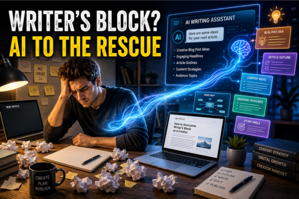 Solo creator using AI tools to overcome writer's block and generate new content ideas