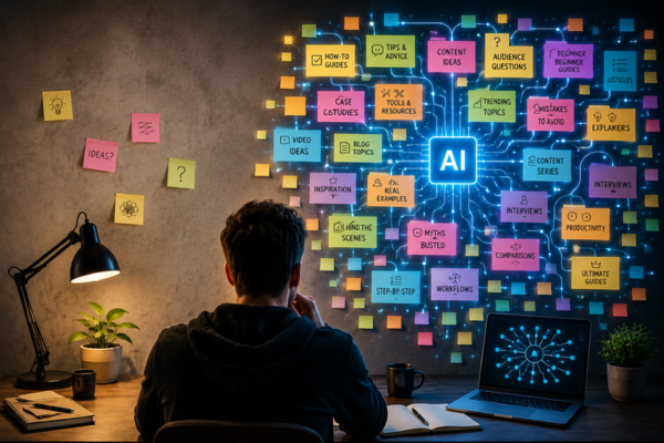 Solo creator using AI brainstorming tools to generate content ideas, organize topics, and plan future content workflows
