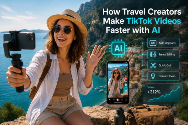 Travel creator filming a TikTok video at a scenic coastal destination while using AI tools for video editing, content organization, caption creation, and productivity workflow management.