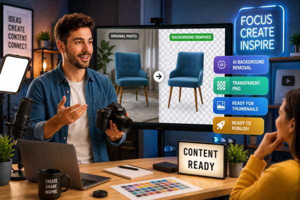 Content creator demonstrating AI background removal on a large digital display, showing a product image before and after background removal while preparing professional visuals for blogs, YouTube, presentations, and social media.