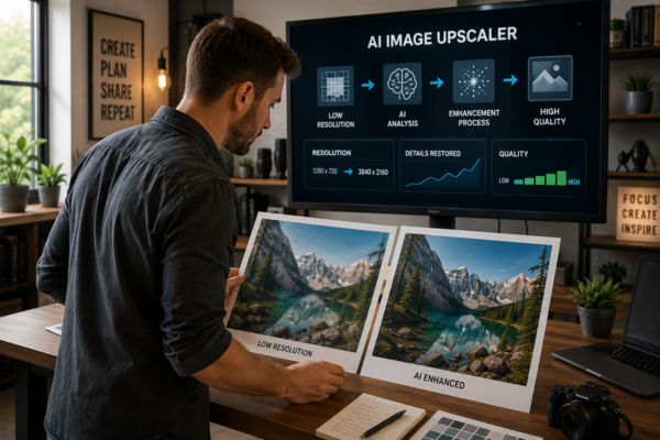 Content creator comparing a low-resolution image with an AI-enhanced high-resolution version while reviewing image quality in a modern creative workspace.