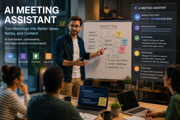 Content creator leading a planning meeting while an AI meeting assistant automatically transcribes conversations, generates summaries, identifies key decisions, and organizes content ideas.
