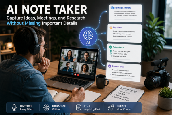 Content creator using an AI note taker during a video meeting while artificial intelligence automatically organizes meeting summaries, key ideas, action items, and content ideas.